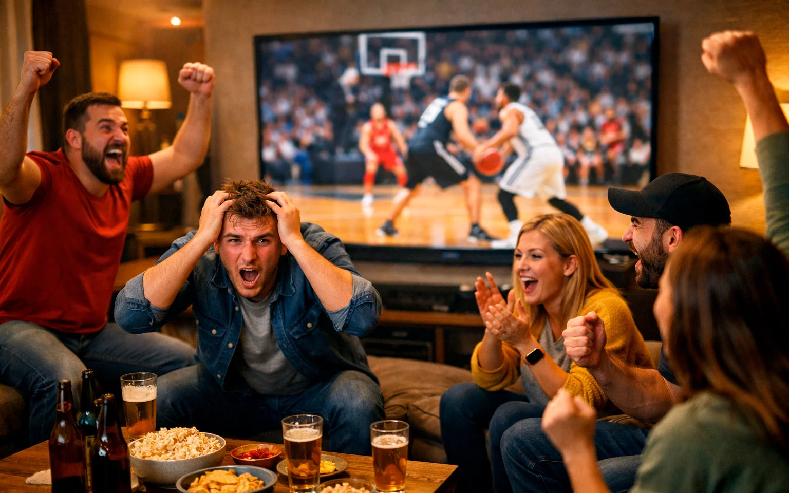 Basketball-Fans verfolgen ein spannendes Spiel auf Großbildschirm